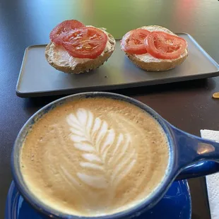 Latte and everything bagel. Delicious!