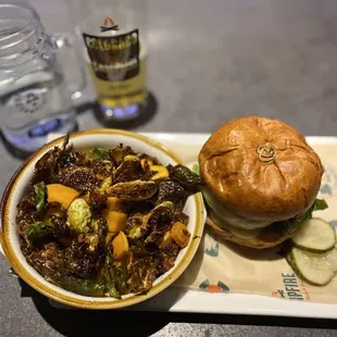 Campfire burger and Brussels sprouts!