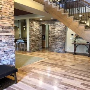 a view of a living room and staircase