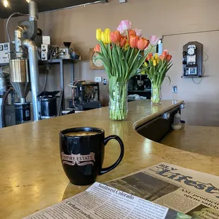 Saturday cappuccinos with tulips and kolaches