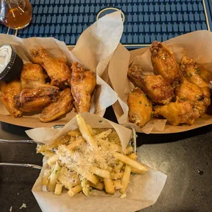 BBQ wings, hot honey wings, truffle fries
