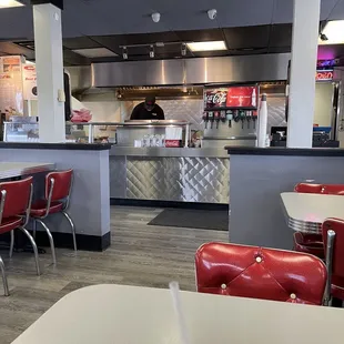 The dining area and kitchen.