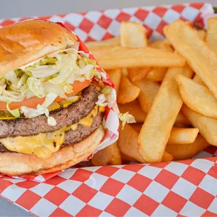 a cheeseburger and fries