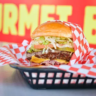 a cheeseburger in a basket