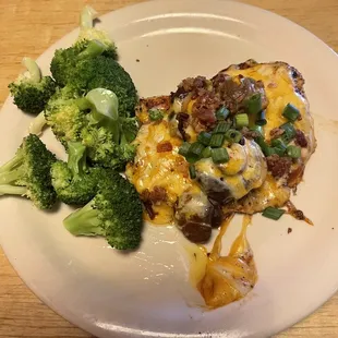 Dijon mustard Chicken topped with mushrooms, cheese, scallions. Broccoli side.