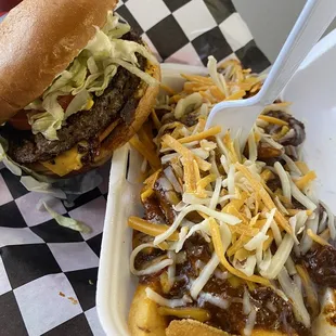 Boulder Burger and Chili Cheese Fries