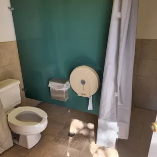 Bathrooms have shower curtains instead of stall doors on half of them