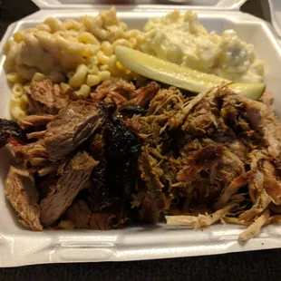 Most of the meat was cool. The Mac and cheese was cold and not cheesy. Potato salad was boring. Tasted like it was out of a plastic jug
