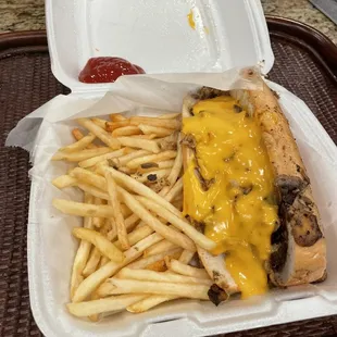 Chicken cheese steak with whiz &amp; fries.