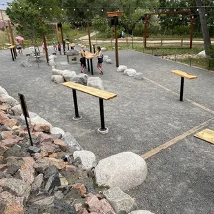 people sitting at picnic tables in a park