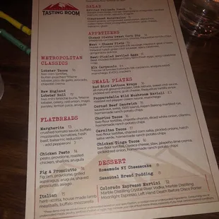 the menu for the tasting room