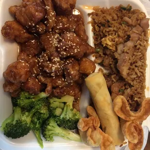 Sesame chicken combination dinner with chicken fried rice, egg roll, rangoons and soup. A lot of food for just over $10 after tax