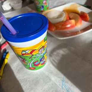 This place loves kids!  Quick apples and yogurt or caramel, crayons and paper, fun straw in drinks!
