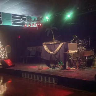 a stage with a christmas tree in the background