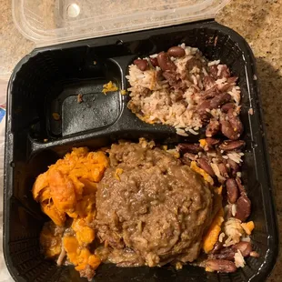 Smootherd pork chops, yams and red beans and rice.