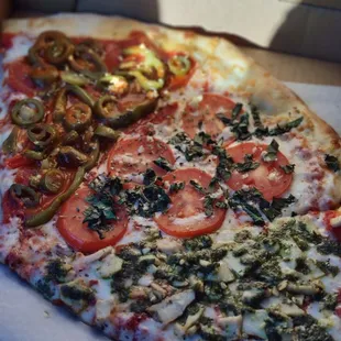 Hot and spicy slice, margherita slice, Pesto slice