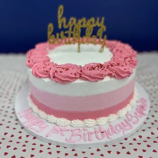 a pink and white birthday cake