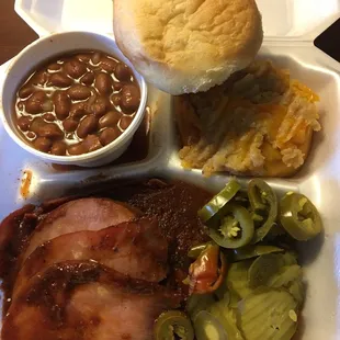 Smoked Ham (with spicy bbq sauce), Potato Casserole, Ranch Style Beans, Roll and Pickles n Jalapeños