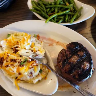 Bacon wrapped Filet Mignon with loaded smashed potatoes and green beans