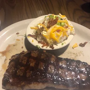 New York strip and loaded mashed potatoes