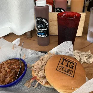 Pulled pork sandwich and BBQ beans.