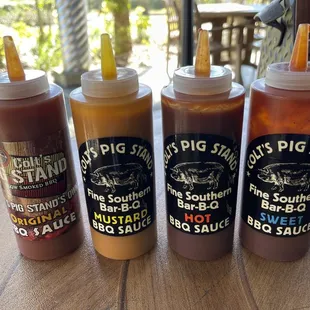 The four BBQ sauces: original, mustard, hot and sweet. The mustard and hot are my favorites.