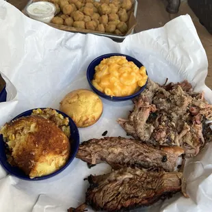 Fatty Brisket (I did not know I could ask for it but so good), pulled pork, Mac &amp; cheese, corn pudding and fried Okra
