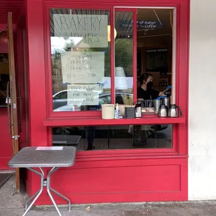 Pick up window. As of June 2022 bakery is open Thurs, Fri, and Sat 10AM-3PM.