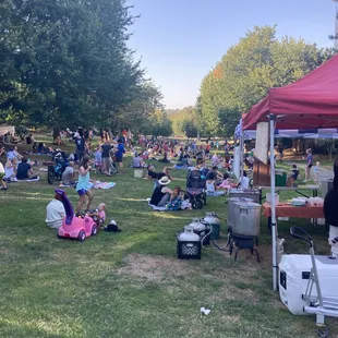 a large crowd of people sitting on the grass