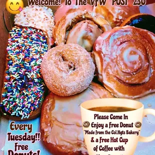 Every Tuesday Enjoy a Free Donut &amp; Hot Cup of Coffee
