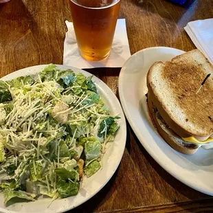 The patty melt and a Caesar side salad with a brew.