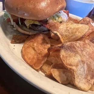 Old fashioned bacon cheddar burger with home chips! Awesome old school burger!