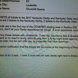 Owners ad for Derby tix on Ebay but wouldn't deliver and then raised price!