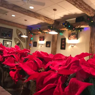 Holiday decorations separating the seating areas