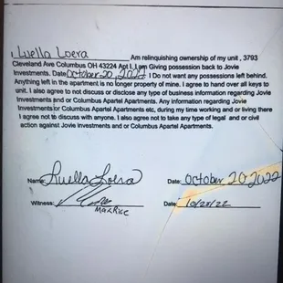 Letter showing and stating what I can't do when I leave