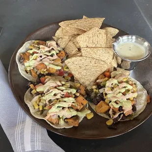 Sweet potato tacos w/ chips + queso