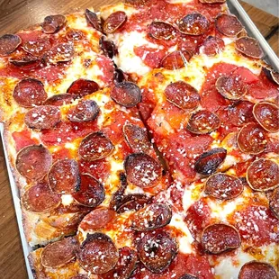 Deep pan pepperoni pizza at CBC - crunchy crust, crisp pepperoni.