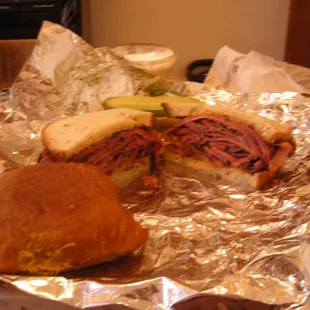 Pastrami on Rye, Knish and Pickles.
