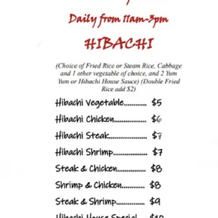 lunch special menu