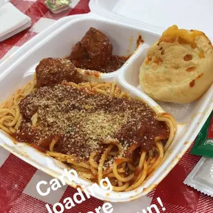 Delicious pasta meal for only $8! Spaghetti, 2 meatballs, roll &amp; salad. Highly recommend!