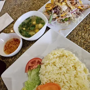 Chicken, rice, soup with cabbage and banana blossom salad - amazing!