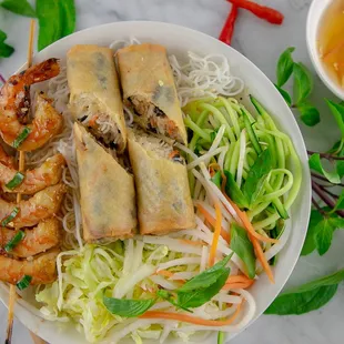 V2- Grilled Shrimp and Eggrolls (2) served with Vermicelli Noodles and Fish Sauce