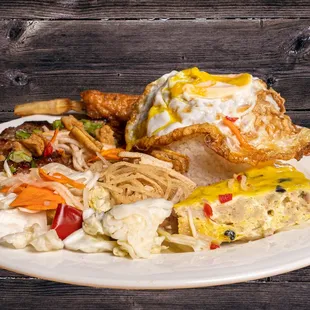 a plate of food on a wooden table