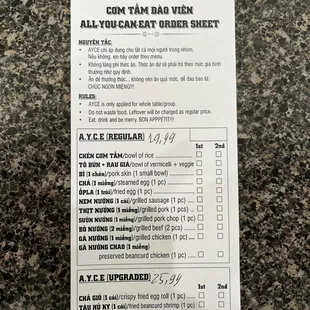 All you can eat menu