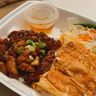 Com Tam Thit Nuong (grilled pork broken rice) + Tau Hu Ky (crispy tofu skin)