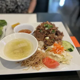 Generous portions rice pork .