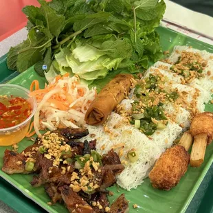 Bánh Hỏi Thịt Nướng, Chả Giò, Chạo Tôm (BBQ Pork w/ Rice Vermicelli, Egg roll, Grilled Shrimp on Sugarcane)