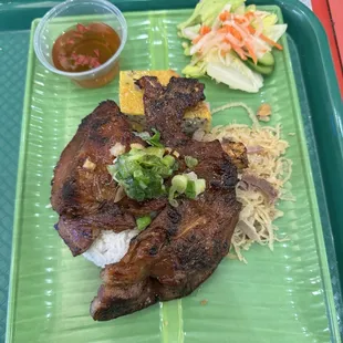 Grilled Boned-in Pork with Broken Rice, Shredded pork skin, Crab Cake and Fish Sauce