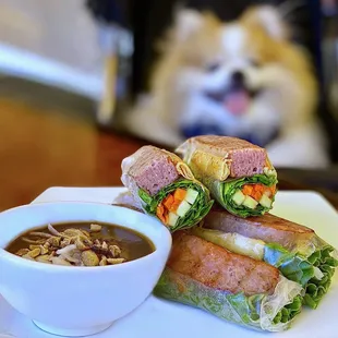 #7 Nem Nướng Cuốn: Grilled Pork Sausage Spring Roll w/ peanut sauce | $6.95 (no orange dipping sauce)