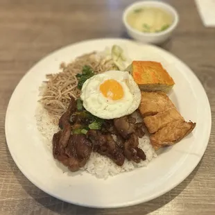 Com Tam Bi, Cha, Thit Nuong, Tau Hu Ky &amp; Trung Chien: Broken Rice w/Julienne Pork, Pork Cake, BBQ Pork, Shrimp in Tofu Paper &amp; Fried Egg